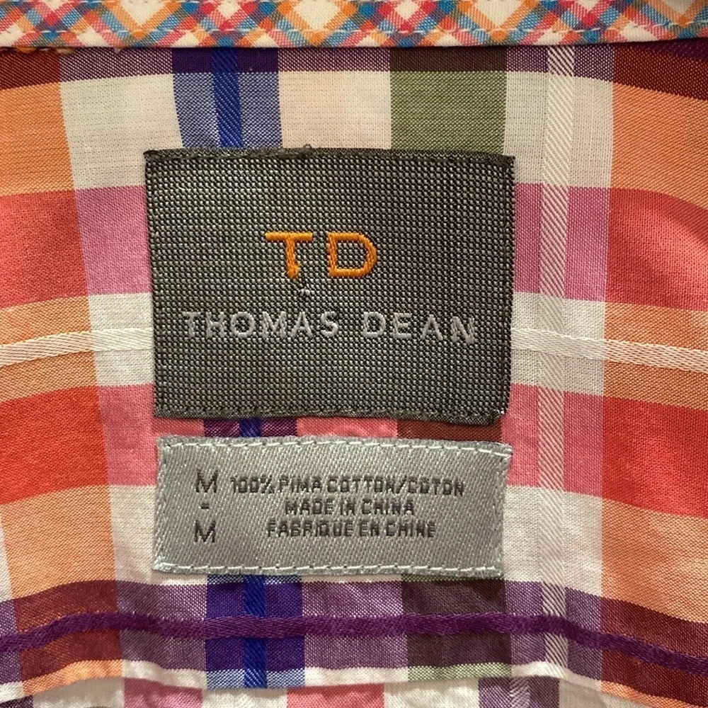 Thomas Dean Plaid Button Down Pima Cotton L/S Shirt Contrasting Cuffs Size M